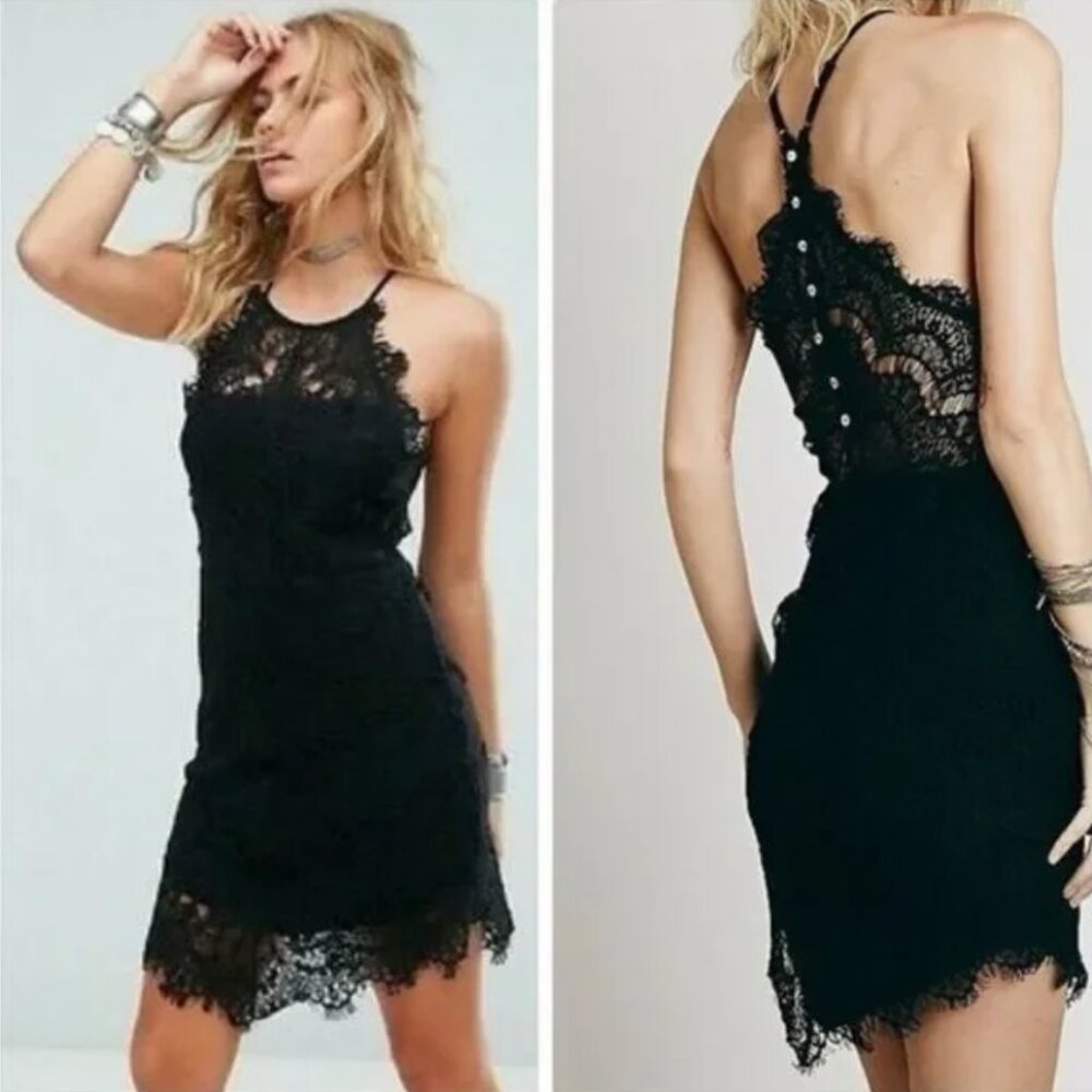 Free People She's Got It Black Lace Dress Boho Cocktail Party Black Size L Boho